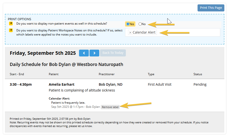 How to configure the display on the daily schedule printout.  Shows the daily schedule printout with the options panel open, showing how to configure whether or not notes appear and the ability to add labels. 